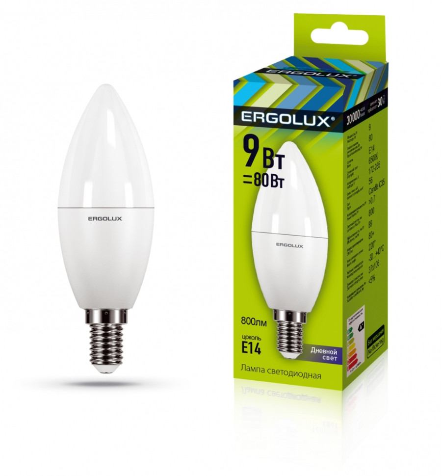 Светодиодная лампа E14 9W 6500K (холодный) Ergolux LED-C35-9W-E14-6K (13169) - фото 1