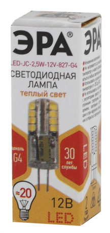Лампа светодиодная ЭРА G4 2,5W 2700K прозрачная LED JC-2,5W-12V-827-G4 Б0033191 