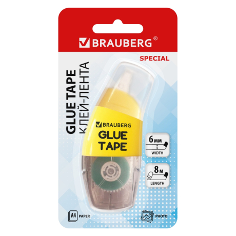 Нарушена упаковка!  <796256> Клей-лента BRAUBERG SPECIAL, 6 мм х 8 м, корпус жёлтый, блистер, 273028