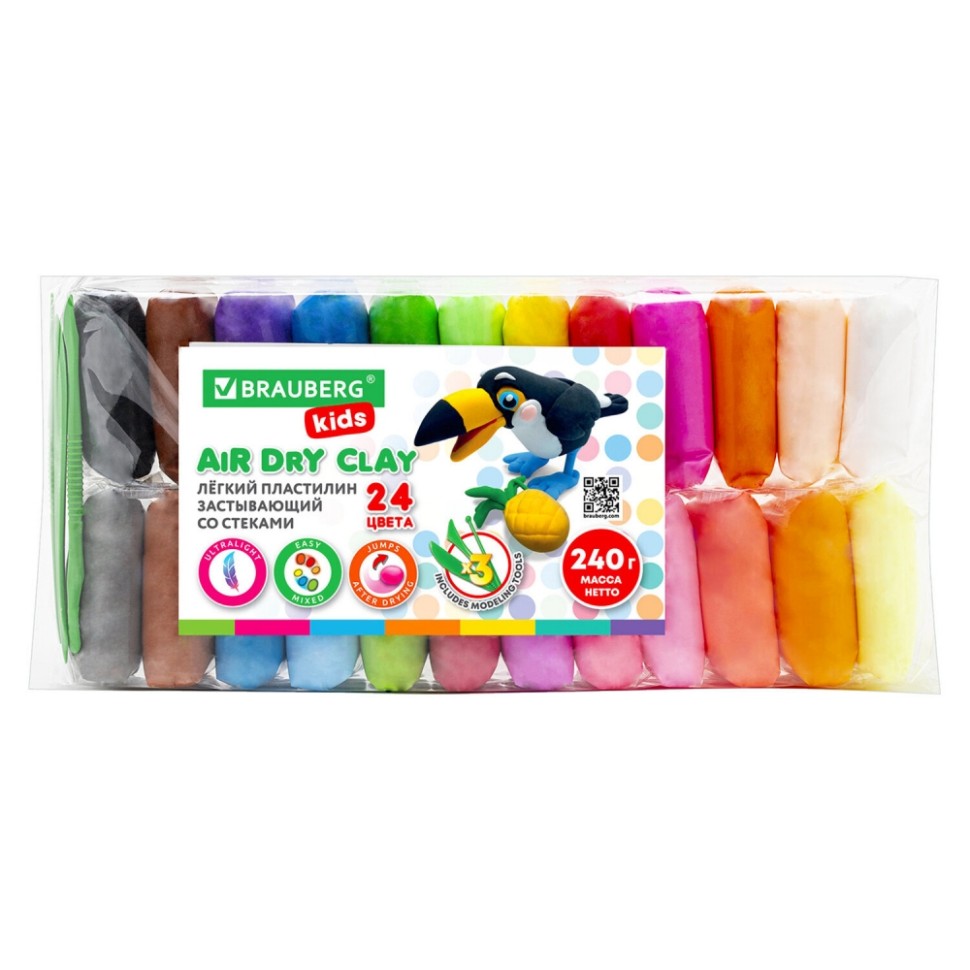 Пластилин классический BRAUBERG Kids, 16 цветов, 320 г, со стеком, 106508. Пластилин 24 цвета BRAUBERG Kids. Воздушный пластилин БРАУБЕРГ. Лёгкий застывающий пластилин.