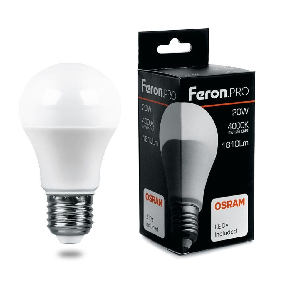 лампочка светодиодная feron lb 422 25532 12v 3w jc g4 4000k упаковка 5 шт Лампа светодиодная Feron.PRO LB-1020 Шар E27 20W 4000K 38042
