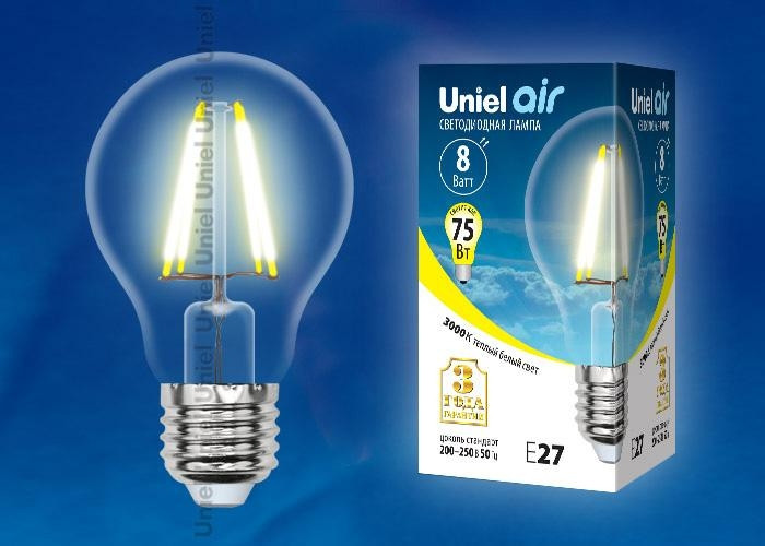 Филаментная светодиодная лампа E27 8W 3000К (теплый) Air Uniel LED-A60-8W-WW-E27-CL GLA01TR (UL-00002210) LED-A60-8W/WW/E27/CL GLA01TR картон - фото 2