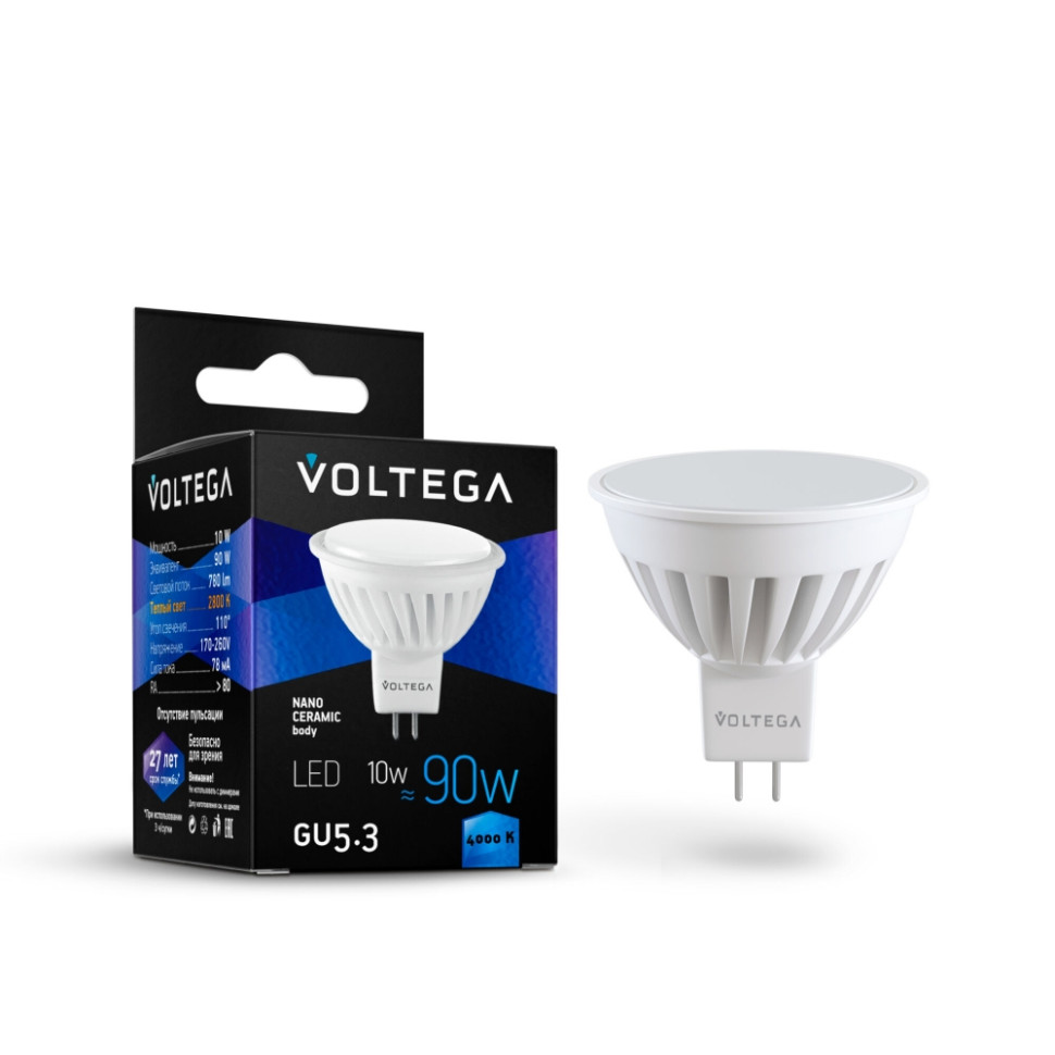 Светодиодная лампа GU5.3 10W 4000К (белый) Ceramics Voltega 7075 светодиодная лампа gu10 10w 2800к теплый ceramics voltega 7072