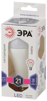 Лампа светодиодная ЭРА E27 21W 6000K матовая LED A65-21W-860-E27 Б0035333