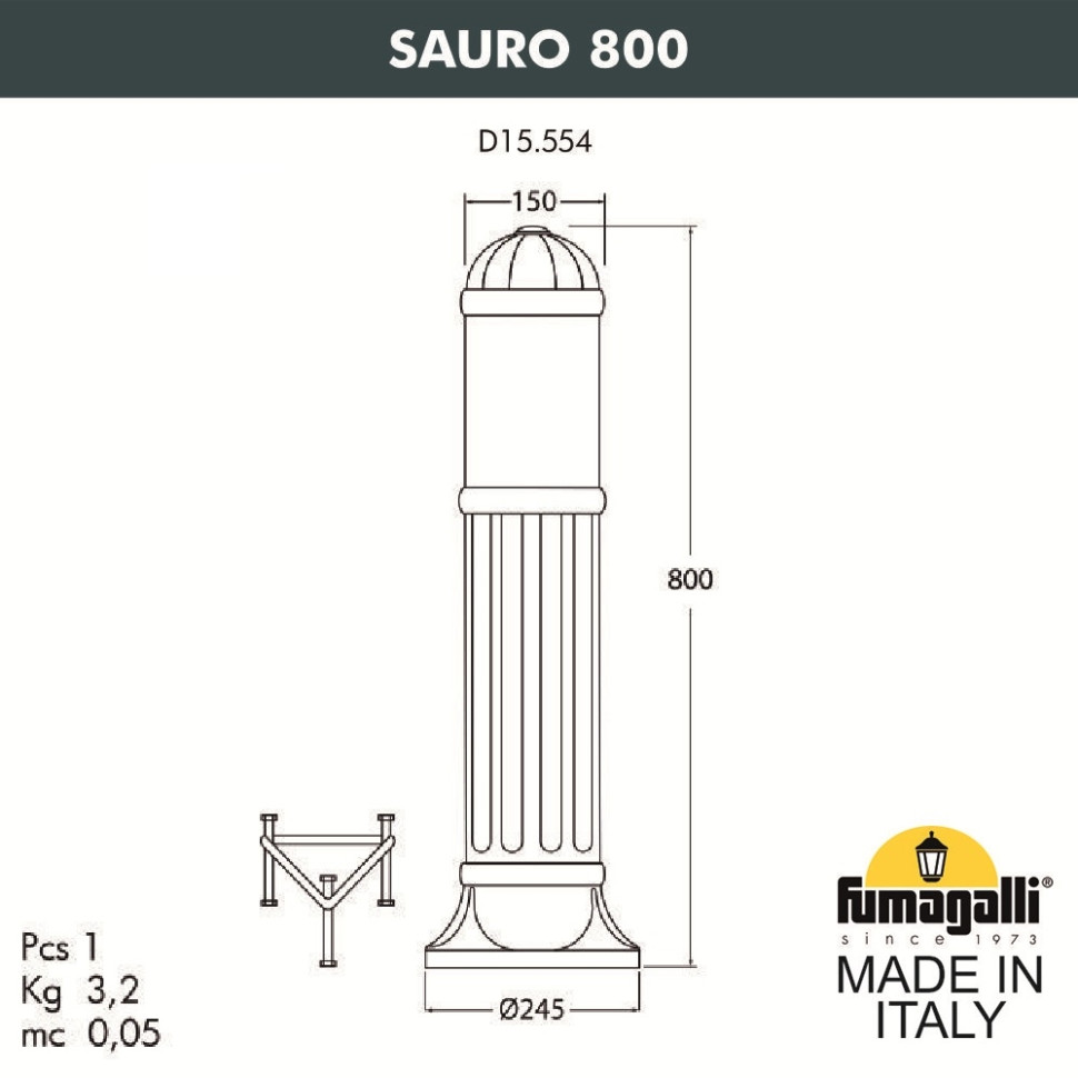 Садовый светильник-столб Fumagalli SAURO 800  D15.554.000.AYE27, цвет черный D15.554.000.AYF1R - фото 2