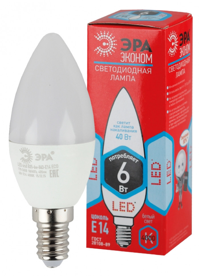 Светодиодная лампа E14 6W 4000К (белый) Эра ECO ECO LED B35-6W-840-E14 (Б0020619) - фото 1