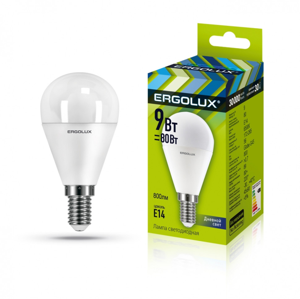Светодиодная лампа E14 9W 6500K (холодный) Ergolux LED-G45-9W-E14-6K (13175) пластиковый чайник ergolux