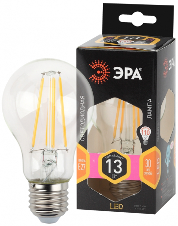Нарушена упаковка!  <162760> Лампа светодиодная филаментная ЭРА E27 13W 2700K прозрачная F-LED A60-13W-827-E27 Б0035027