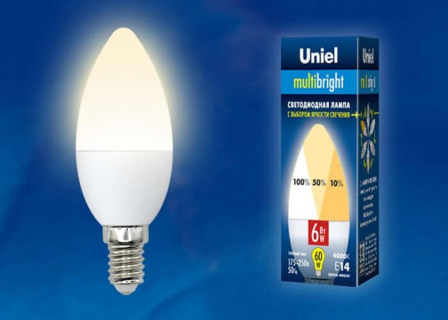 Лампа светодиодная свеча E14 6W 3000K (Теплый белый свет) Uniel Multibright LED-C37-6W/WW/E14/FR/MB PLM11WH картон (UL-00002373) 