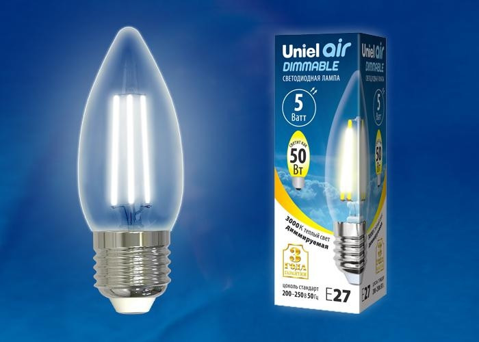 Диммируемая светодиодная лампа E27 5W 3000K (теплый) Air Uniel LED-C35-5W-WW-E27-CL-DIM GLA01TR (UL-00003643) LED-C35-5W/WW/E27/CL/DIM GLA01TR картон - фото 2