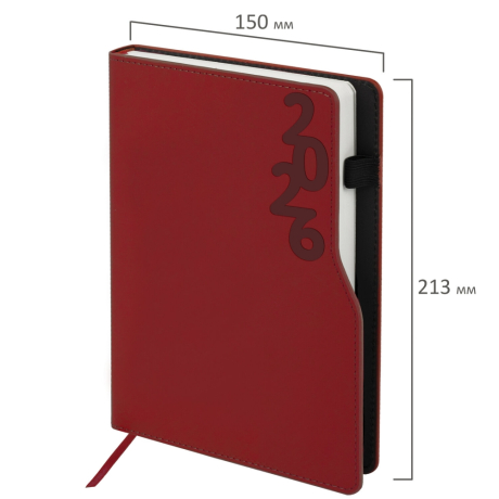 Нарушена упаковка! <795148> Ежедневник датированный 2026, А5, 150x213 мм, BRAUBERG "Up", под кожу, софт-тач, держатель для ручки, красный, 117120