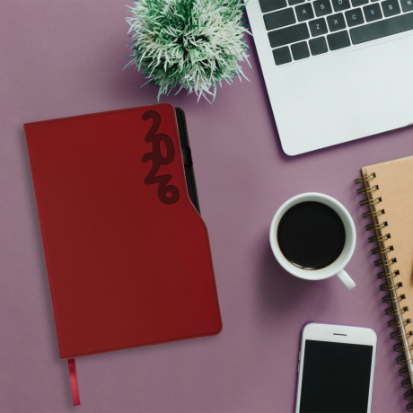 Нарушена упаковка! <795148> Ежедневник датированный 2026, А5, 150x213 мм, BRAUBERG "Up", под кожу, софт-тач, держатель для ручки, красный, 117120