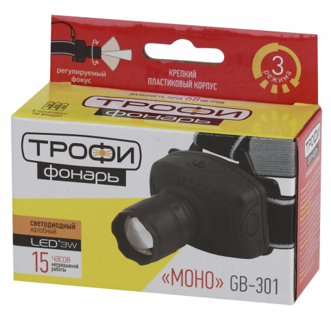 Налобный светодиодный фонарь ЭРА Трофи Моно от батареек 50 лм GB-301 Б0030187