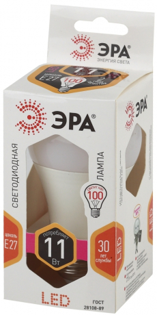 Лампа светодиодная ЭРА E27 11W 2700K матовая LED A60-11W-827-E27 Б0030910 