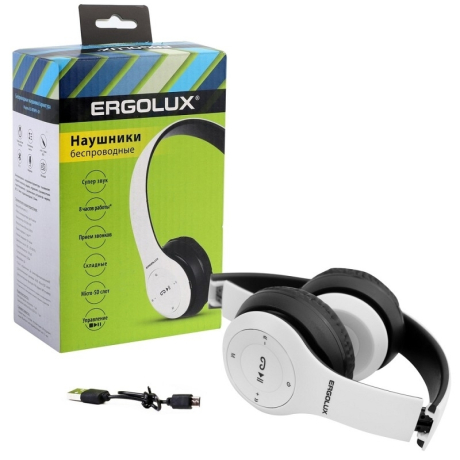 ERGOLUX ELX-BTHP01-C01 (Наушники накладные беспроводные, FM, MP3, микрофон, Белые, Коробка)