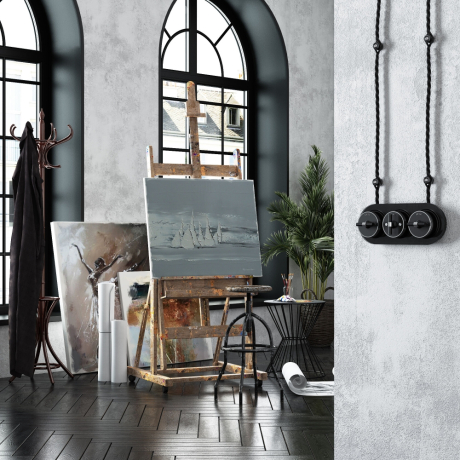 Выключатель двухклавишный с корпусом Werkel Vintage (черный матовый/хром) W5822051