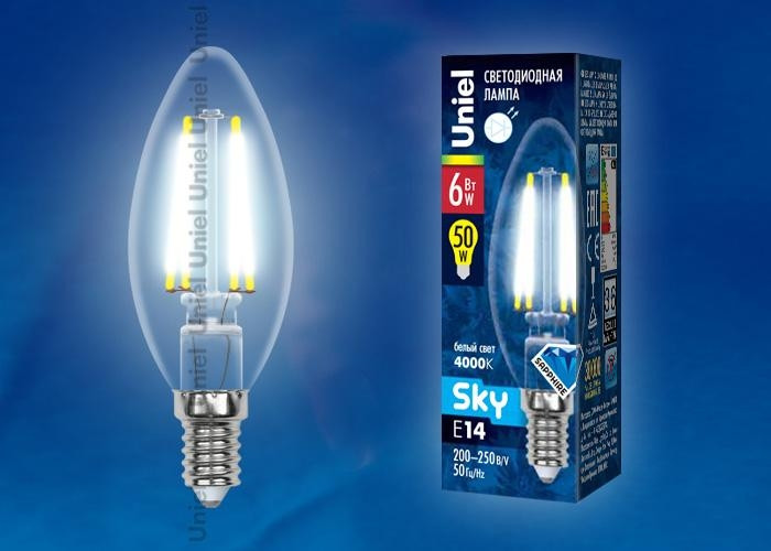 Лампа светодиодная E14 6W 4000K (Белый свет) свеча прозрачная Uniel Sky LED-C35-6W/NW/E14/CL PLS02WH картон (UL-00001373) LED-C35-6W/NW/E14/CL PLS02WH картон - фото 2