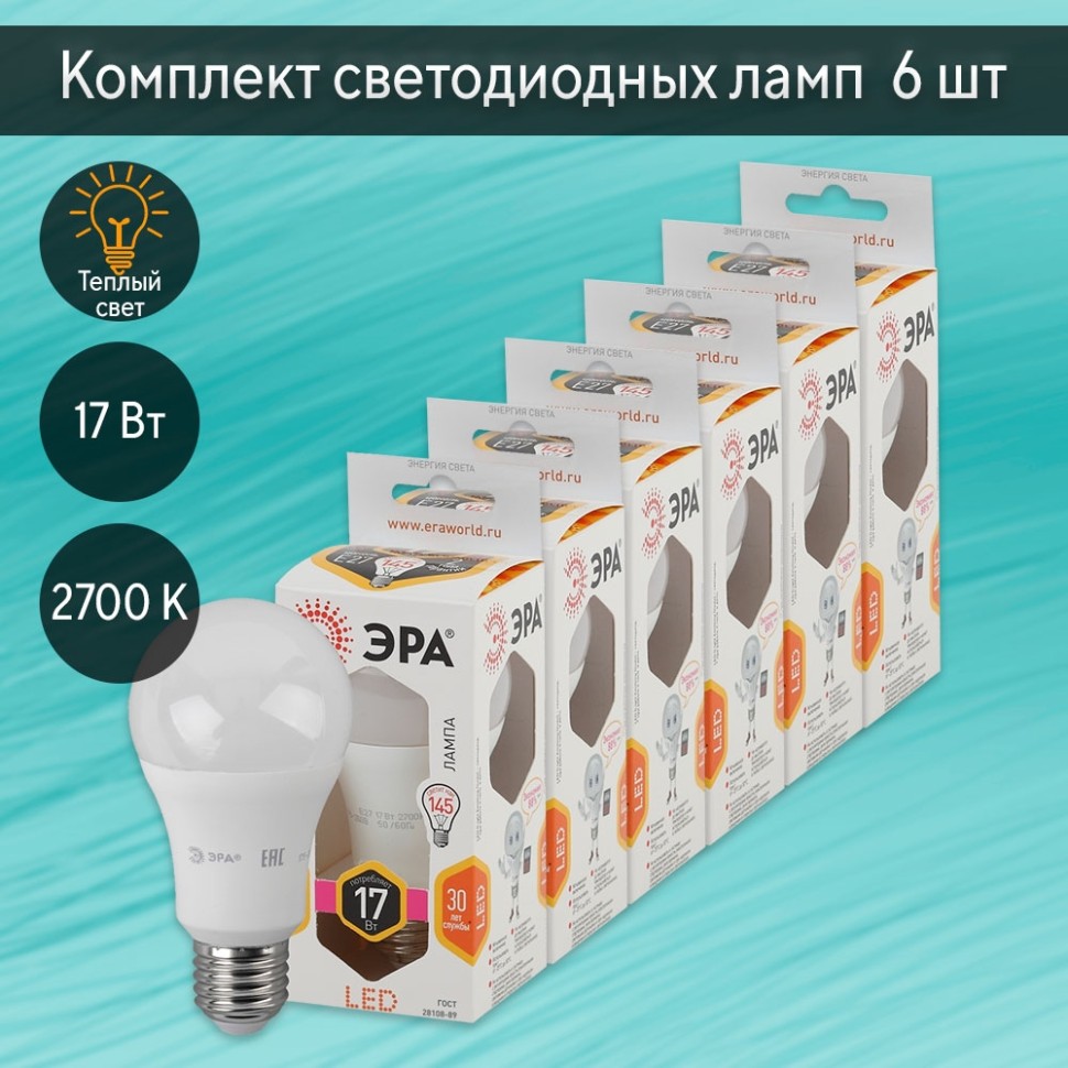 Комплект светодиодных ламп Е27 17W 2700К (теплый) Эра LED (162785) 6 шт - фото 1