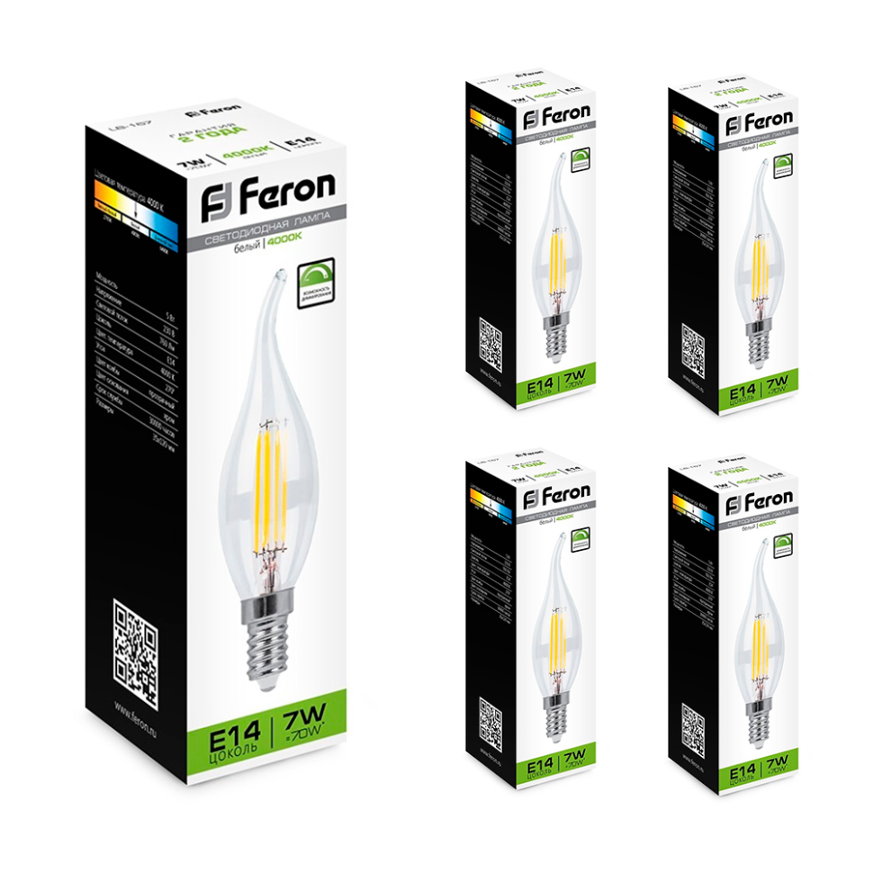 Комплект диммируемых филаментных светодиодных ламп E14 7W 4000K Feron LB-167 Свеча на ветру (175269) 4 шт