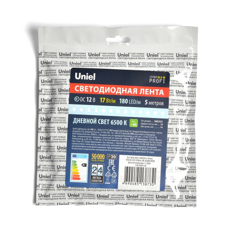 5м Светодиодная лента 2835 180LED/m, 6500K, IP20, 17W, DC12V на самоклеящейся основе Uniel Profi UL-00007641
