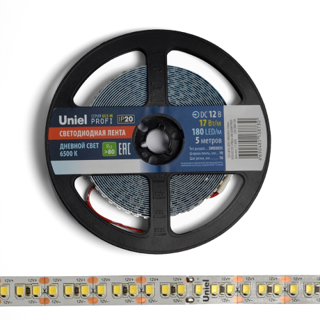 5м Светодиодная лента 2835 180LED/m, 6500K, IP20, 17W, DC12V на самоклеящейся основе Uniel Profi UL-00007641