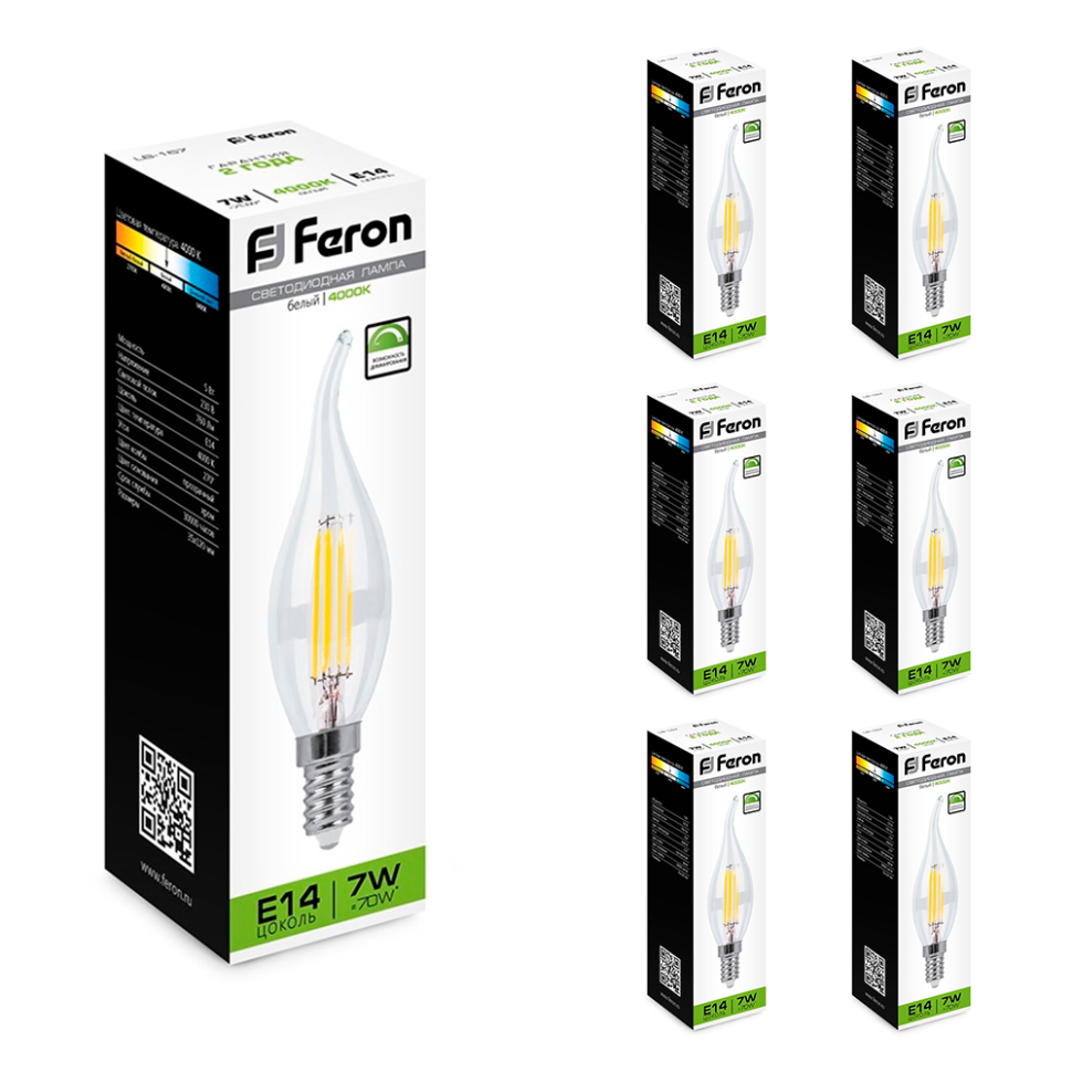 Комплект диммируемых филаментных светодиодных ламп E14 7W 4000K Feron LB-167 Свеча на ветру (175269) 6 шт