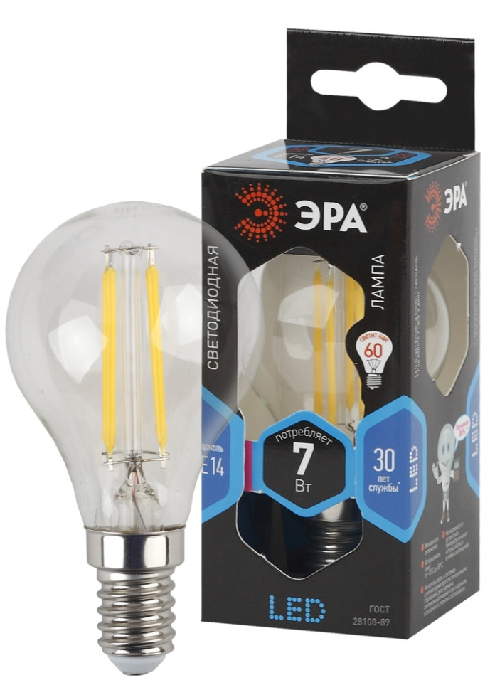 Филаментная светодиодная лампа Е14 7W 4000К (белый) Эра F-LED P45-7W-840-E14 (Б0027947) - фото 2