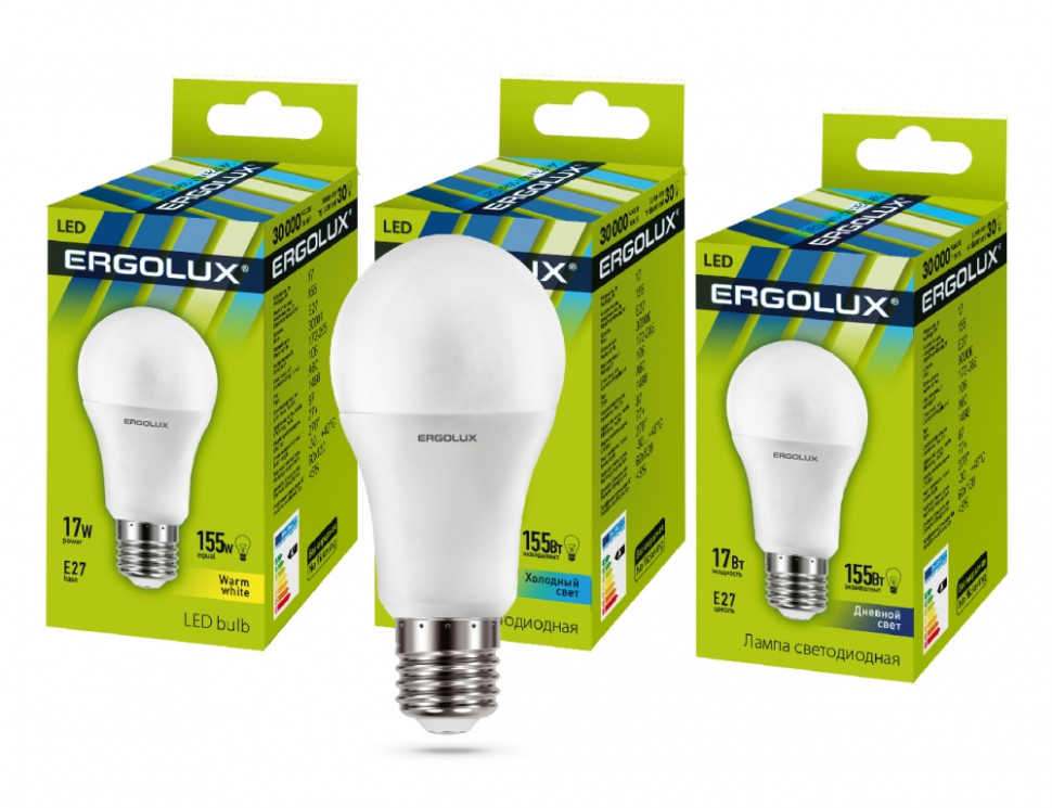 Светодиодная лампа E27 17W 3000K (теплый) A60 Ergolux LED-A60-17W-E27-3K (13179) чайник ergolux elx ks06 c16 светло зеленый 13940