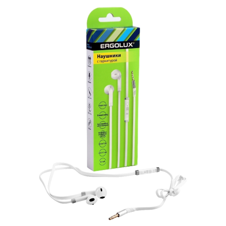 ERGOLUX ELX-WHP02-C01 (Наушники вкладыши с микрофоном проводные, 3.5мм, 1,2м, Белые, Коробка) (15283)