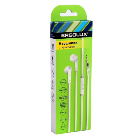 ERGOLUX ELX-WHP02-C01 (Наушники вкладыши с микрофоном проводные, 3.5мм, 1,2м, Белые, Коробка) (15283)