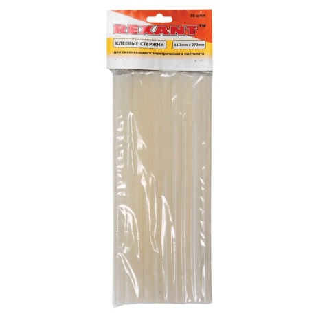 Клеевые стержни, диаметр 11 мм, длина 270 мм, прозрачные, КОМПЛЕКТ 10 штук, REXANT, европодвес, 09-1207 (670011)