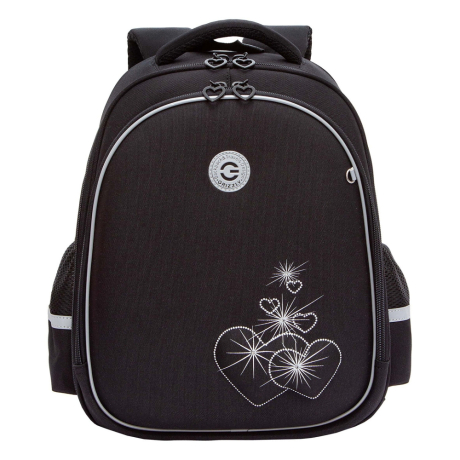 Нарушена упаковка!  <796731> Ранец GRIZZLY анатомическая спинка, c брелоком, для девочек, "HEARTS", чёрный 36х28х20 см, RAz-586-5/1 (274149)