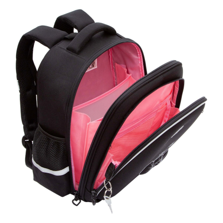 Нарушена упаковка!  <796731> Ранец GRIZZLY анатомическая спинка, c брелоком, для девочек, "HEARTS", чёрный 36х28х20 см, RAz-586-5/1 (274149)