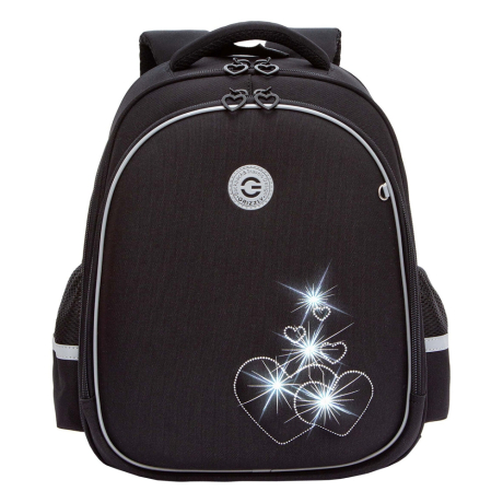 Нарушена упаковка!  <796731> Ранец GRIZZLY анатомическая спинка, c брелоком, для девочек, "HEARTS", чёрный 36х28х20 см, RAz-586-5/1 (274149)