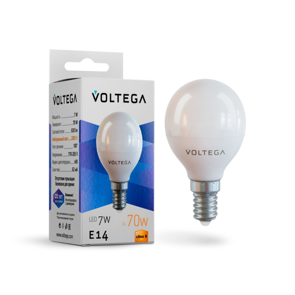 лампа светодиодная voltega gu10 7w 2800к прозрачная 7060 Светодиодная лампа E14 7W 2800К (теплый) Simple Voltega 7054
