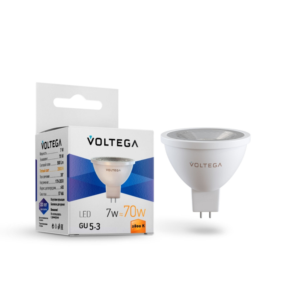 Светодиодная лампа GU5.3 7W 2800К (теплый) Simple Voltega 7062 лампа светодиодная филаментная voltega e14 6w 2800к прозрачная vg10 c1e14warm6w f 7019
