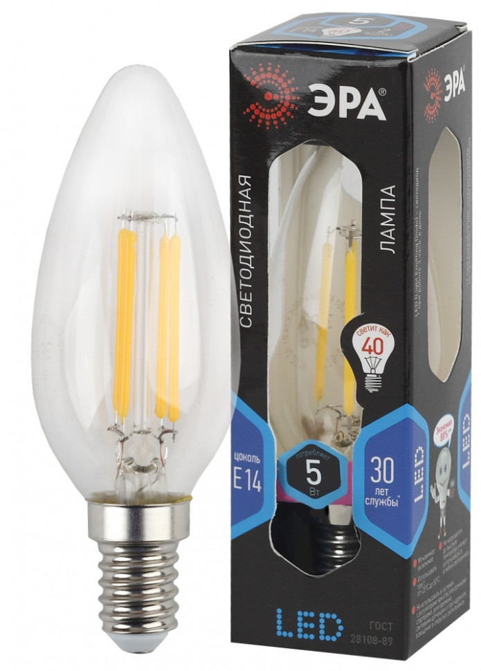 Лампа светодиодная филаментная ЭРА E14 5W 4000K прозрачная F-LED B35-5W-840-E14 Б0043449