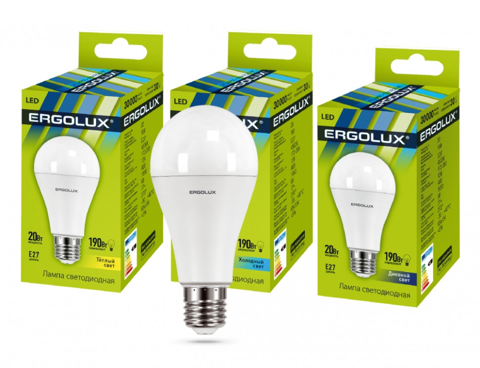 Светодиодная лампа E27 20W 3000K A65 Ergolux LED-A65-20W-E27-3K 13182 чайник ergolux elx ks06 c16 светло зеленый 13940