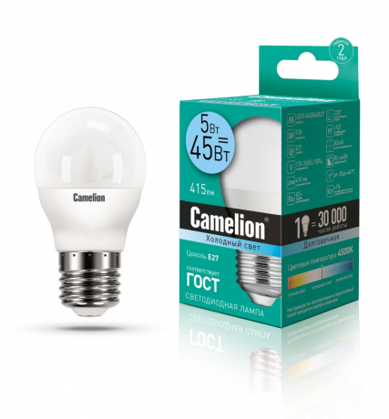 Светодиодная лампа E27 5W 4500К (белый) G45 Camelion LED5-G45/845/E27 (12030) 