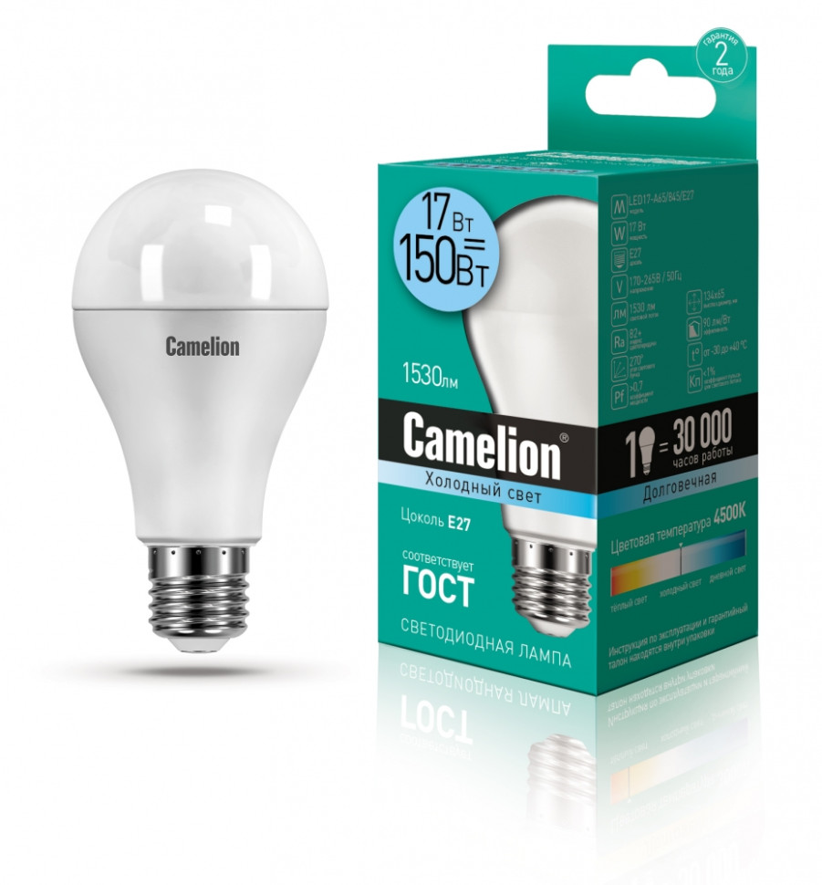 Светодиодная лампа E27 17W 4500К (белый) A65 Camelion LED17-A65/845/E27 (12309) офисная настольная лампа camelion kd 308 c02