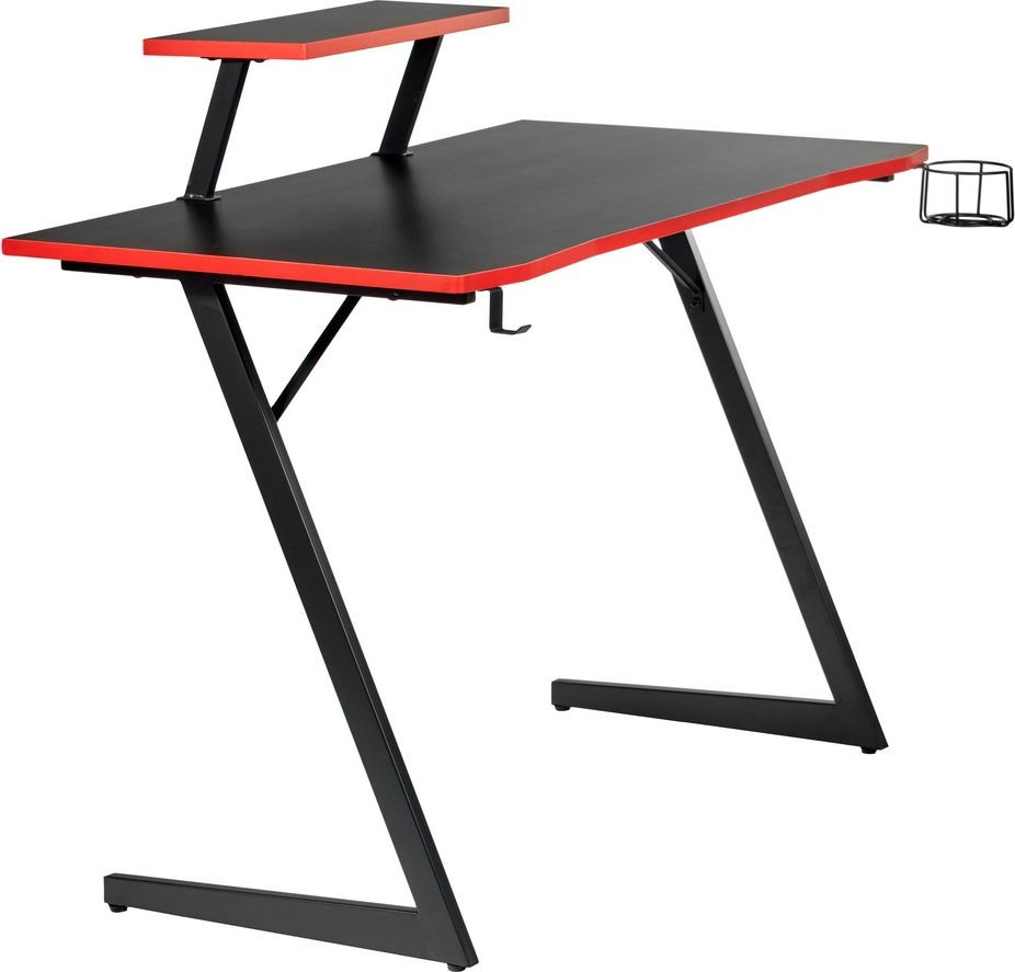 Компьютерный геймерский стол Basic 110х59х75см c полкой для монитора 40х20см, подстаканником, крючком для наушников, карбон чёрный красный Bradex Home FR 0682