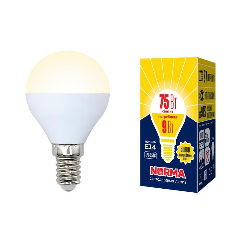 Светодиодная лампа E14 9W 3000K (теплый) Volpe Norma LED-G45-9W/WW/E14/FR/NR (UL-00003826) LED-G45-9W/WW/E14/FR/NR картон - фото 2