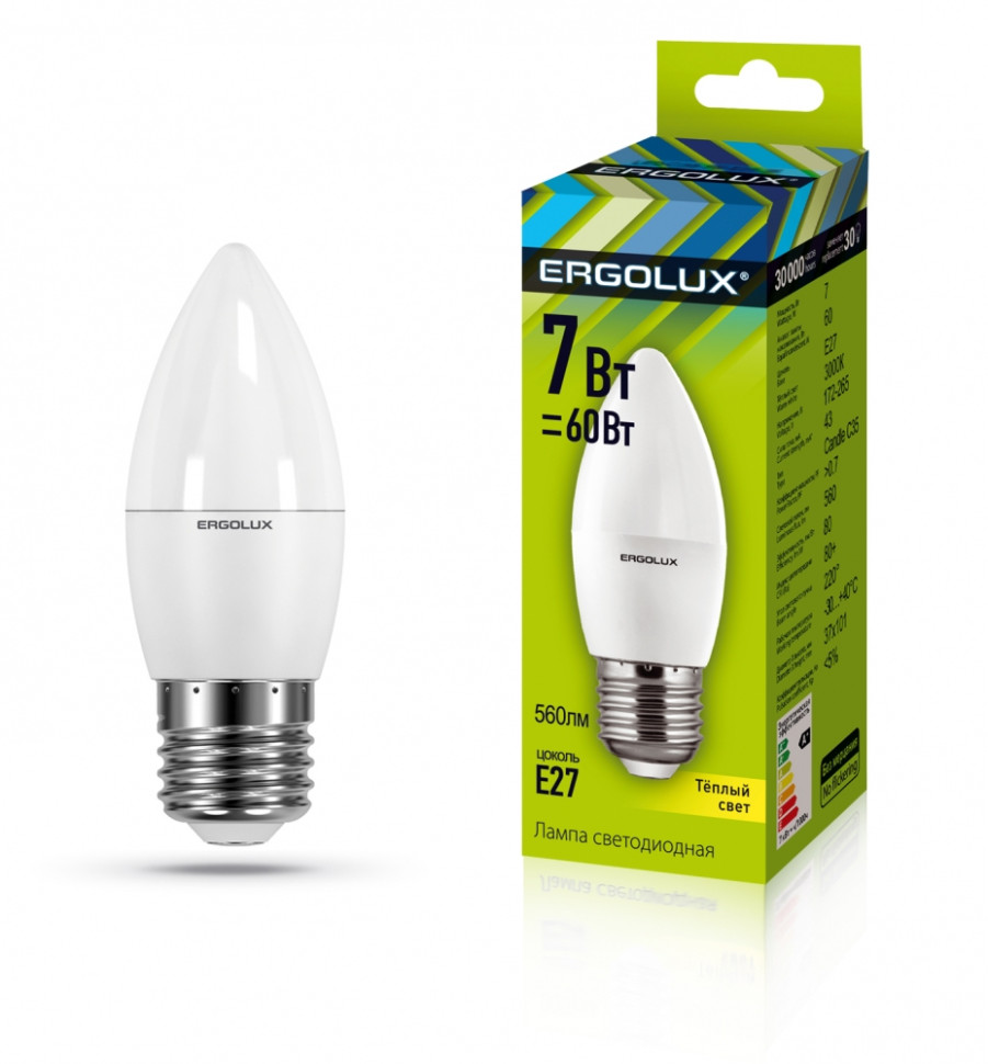Светодиодная лампа E27 7W 3000K C35 Ergolux LED-C35-7W-E27-3K 13297 вертикальный тепловентилятор ergolux