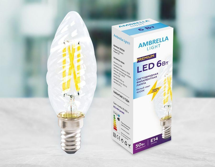 Филаментная светодиодная лампа E14 6W 4200K (белый) C35 Filament Ambrella light (202124) лампа светодиодная филаментная elektrostandard e14 7w 4200k прозрачная 4690389041433