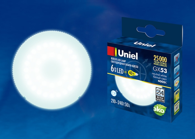 Лампа светодиодная GX53 6W 4000K Белый свет Uniel LED-GX53-6W/NW/GX53/FR PLZ01WH (UL-00001669) 