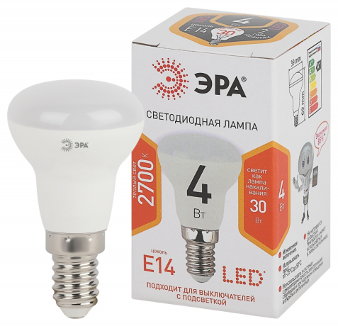 Лампочка светодиодная ЭРА STD LED R39-4W-827-E14 Е14 / Е14 4Вт рефлектор теплый белый свeт Б0017225 