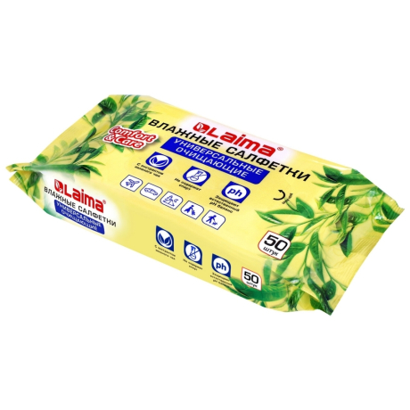 Нарушена упаковка! <200389> Салфетки влажные 50 шт., УНИВЕРСАЛЬНЫЕ, очищающие для всей семьи, экстракт зеленого чая, LAIMA,128077 (128077)