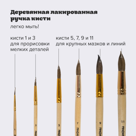 Кисти ПИФАГОР, набор 6 шт. (БЕЛКА: круглые № 1, 3, 5, 7, 9, 11), блистер с европодвесом, 200891 (200891)