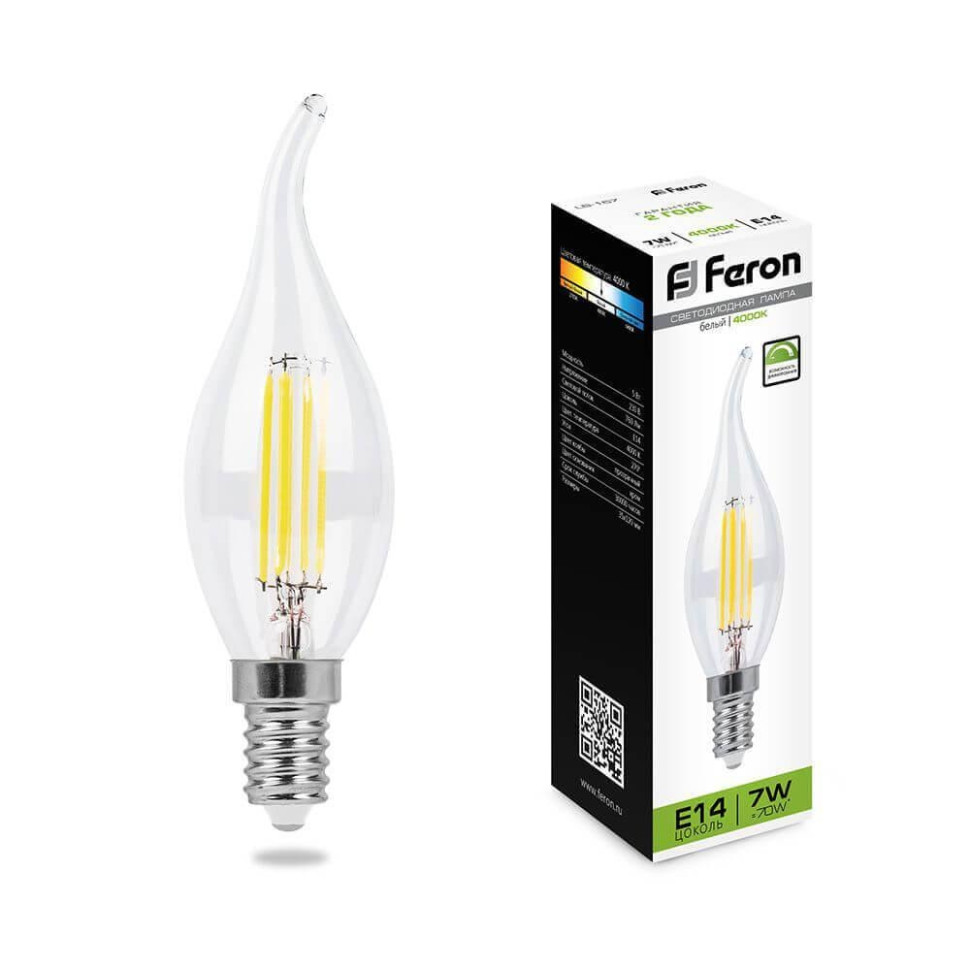 Лампа светодиодная диммируемая Feron LB-167 Свеча на ветру E14 7W 4000K 25873 лампа gauss basic filament свеча на ветру 8 5w 590lm 2700к е14 milky led 1 10 50