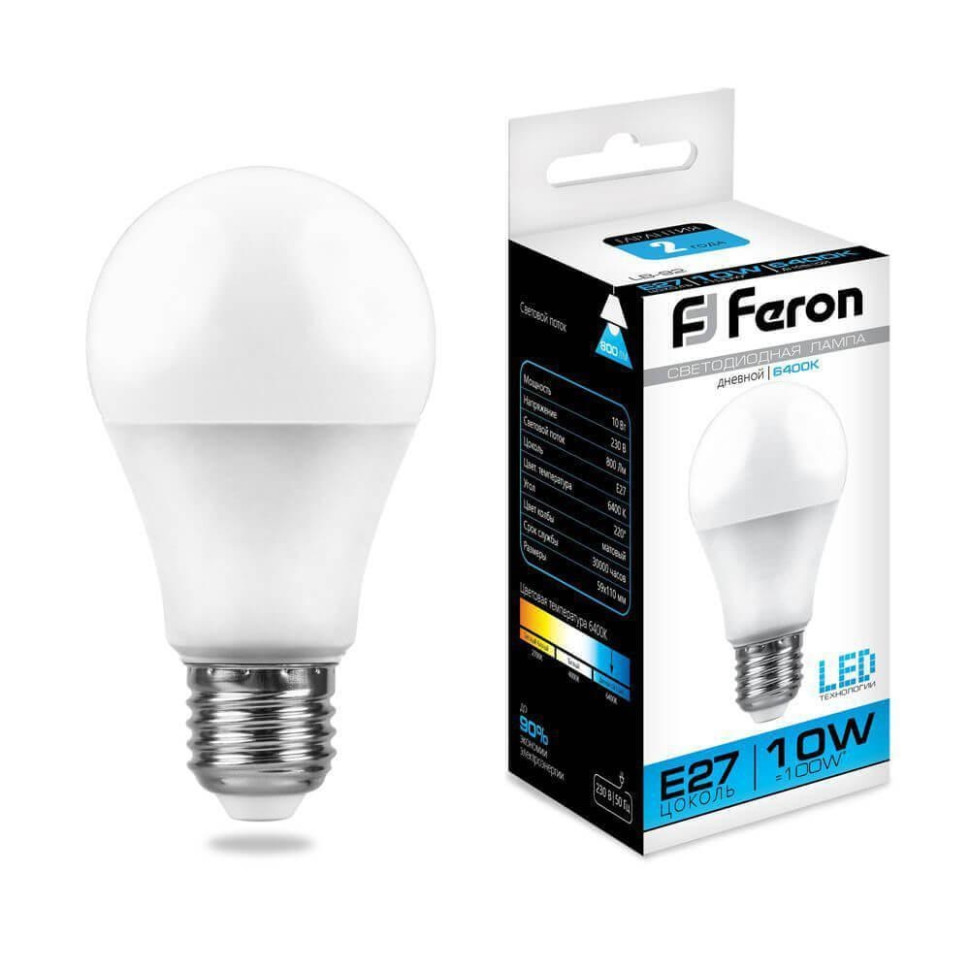 Светодиодная лампа E27 10W 6400K (холодный) A60 LB-92 Feron (25459) - фото 1